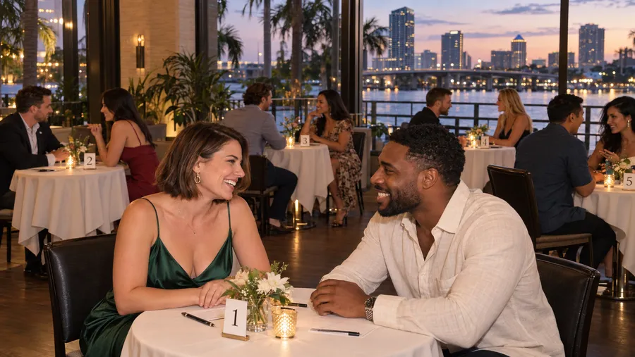 A couple at table one by a window, the Tampa skyline turning blue at dusk behind them