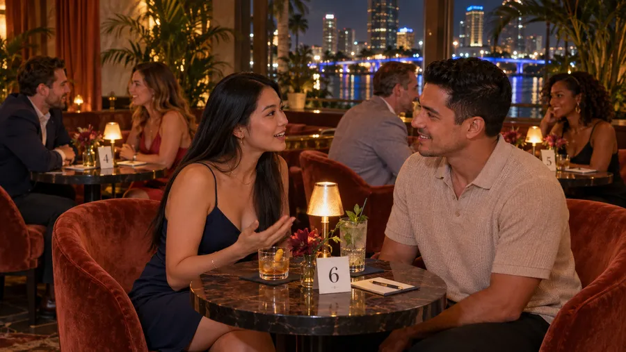 A man and a woman talking across table six in a warm lounge during a Tampa speed dating night